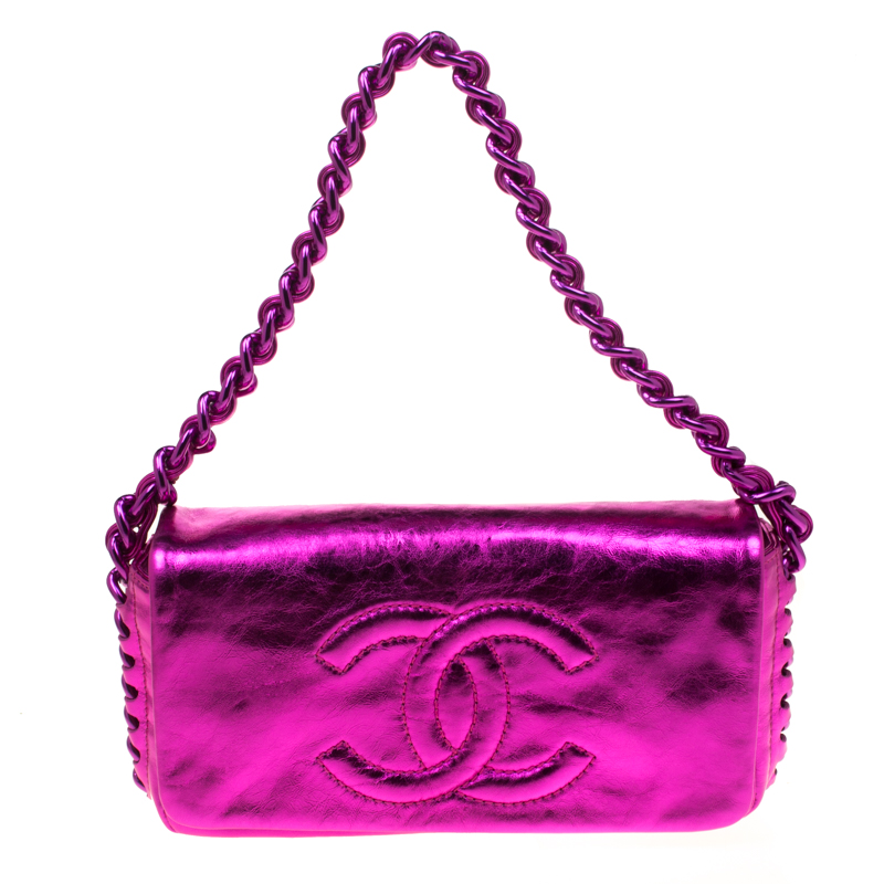 Chanel Metallic Pink Leather Modern Chain Flap Shoulder Bag