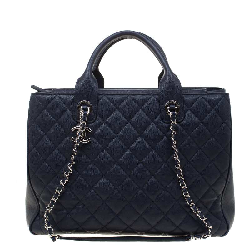 Pre Owned Chanel Navy Blue Quilted Caviar Leather Top Handle Bag