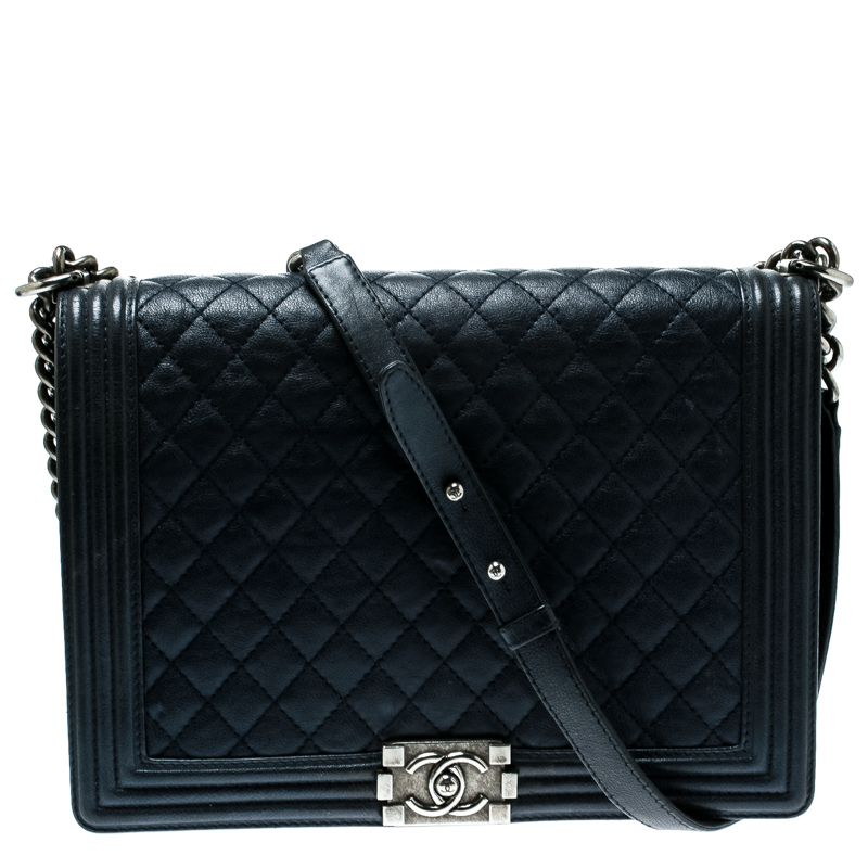 Chanel Navy Blue Quilted Leather Large Boy Flap Bag