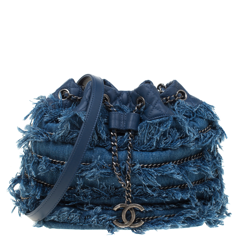 Chanel Navy Caviar CC Chain Drawstring Bucket Bag Silver Hardware