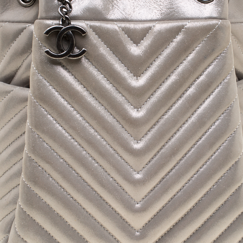 Chanel Silver Chevron Leather Small Urban Spirit Drawstring Bag