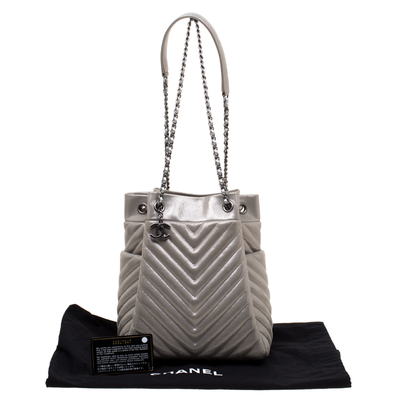 Chanel Silver Chevron Leather Small Urban Spirit Drawstring Bag