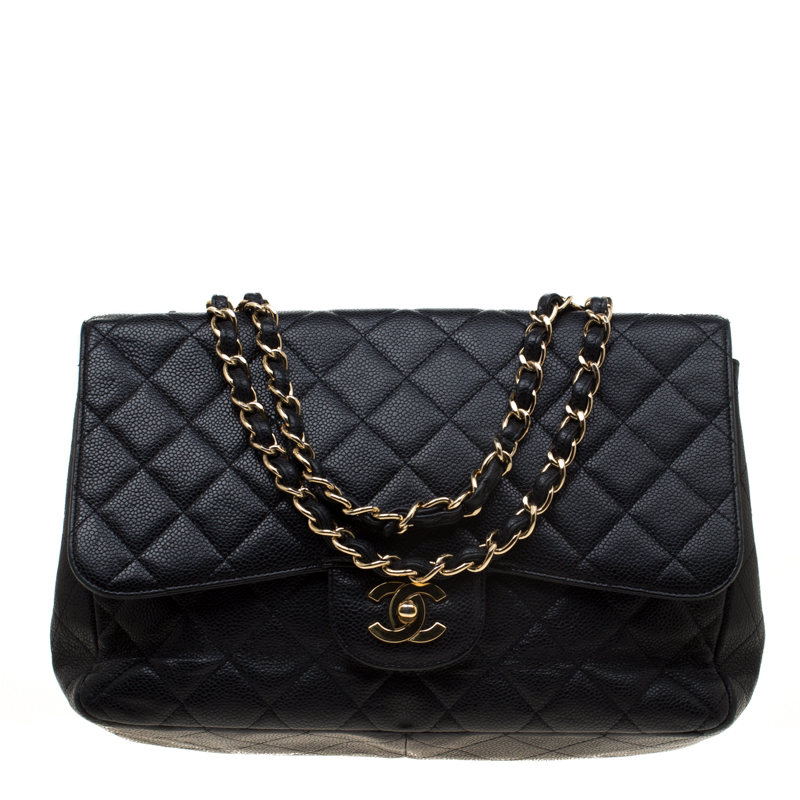 Pre Owned حقيبة شانيل قلاب كلاسيكية جومبو جلد كافيار مبطنة سوداء
