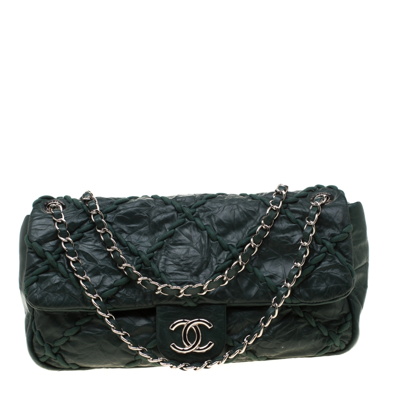 Chanel Green Crinkled Leather Ultra Stitch Classic Flap Bag