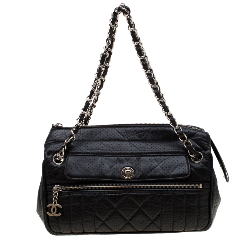 Pre Owned Chanel Black Perforated Leather Camera Bag