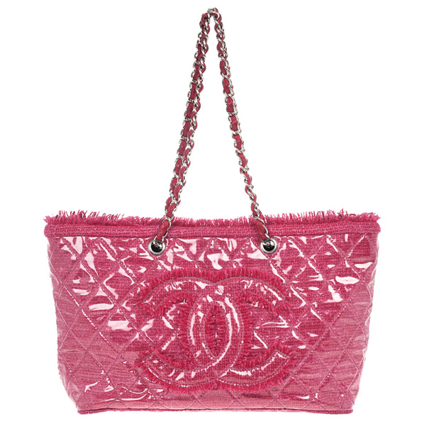 Pre Owned Chanel Fuchsia Tweed and Quilted Vinyl CC Logo Tote Bag