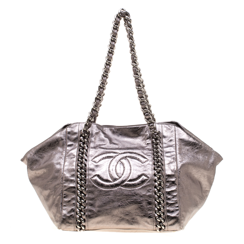 Chanel Grey Patent Leather Luxe Ligne Tote