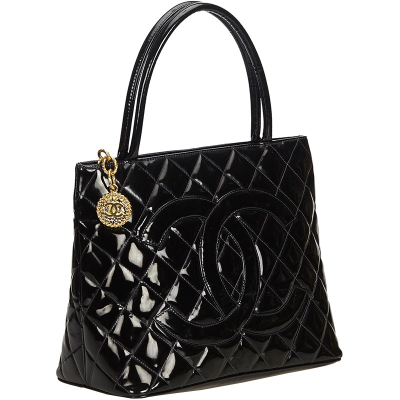 

Chanel Black Patent Leather Medallion Tote Bag