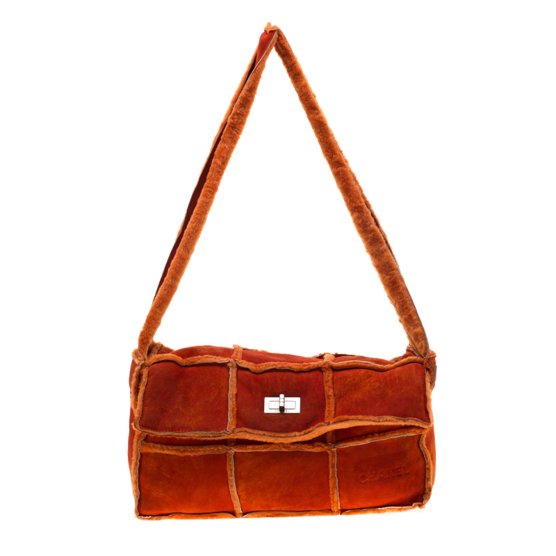 Chanel Orange Suede and Mouton Fur Reissue Shoulder Bag