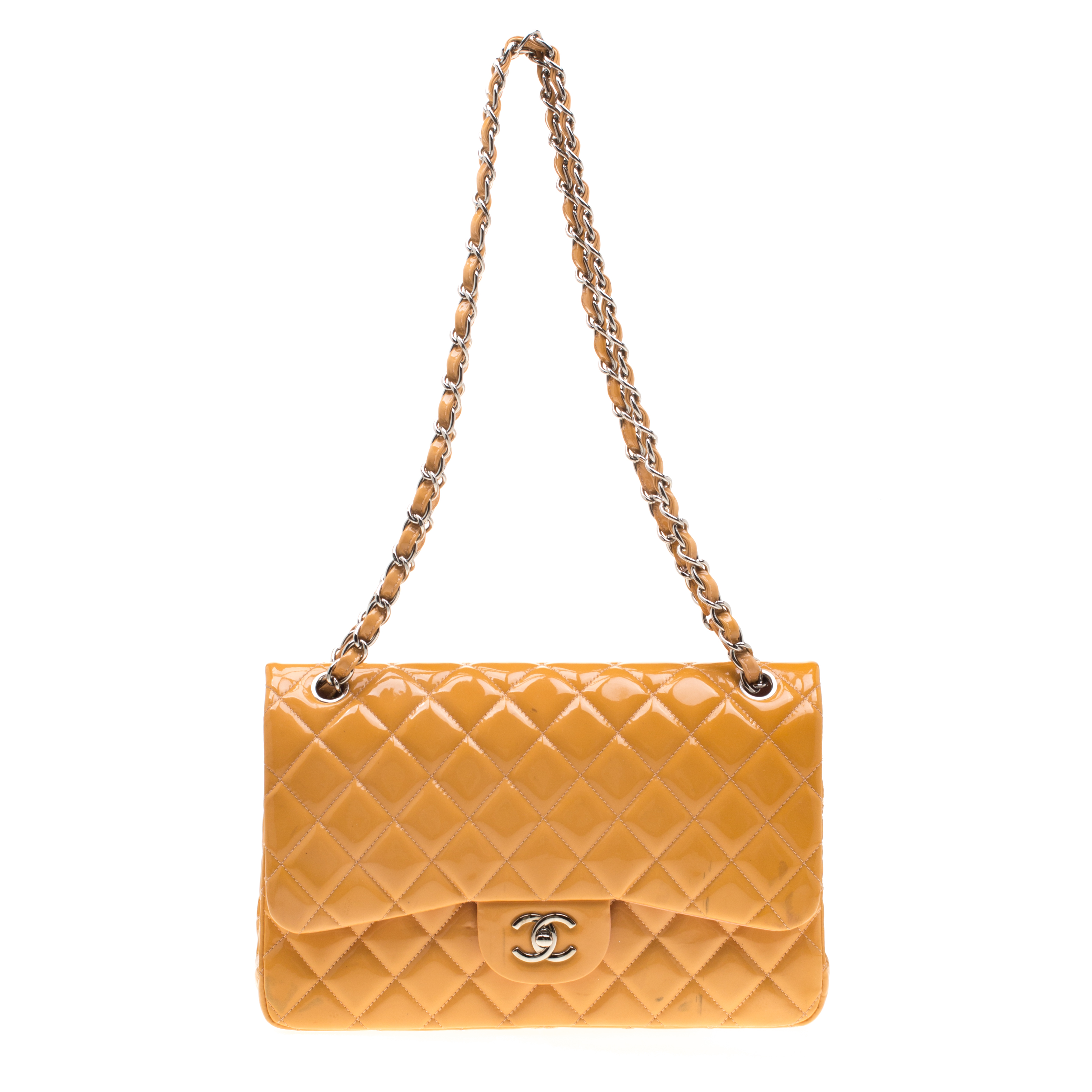 Chanel Mustard Quilted Patent Leather Jumbo Classic Double Flap Bag