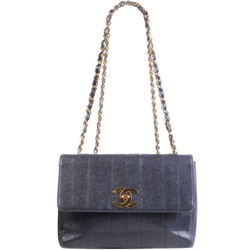 Pre Owned Chanel Navy Blue Caviar Leather Vintage Flap Bag