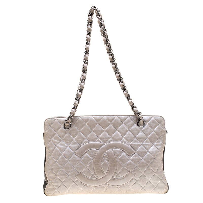 Chanel Metallic Silver/Brown Quilted Leather CC Logo Zip Shoulder Bag Chanel | TLC