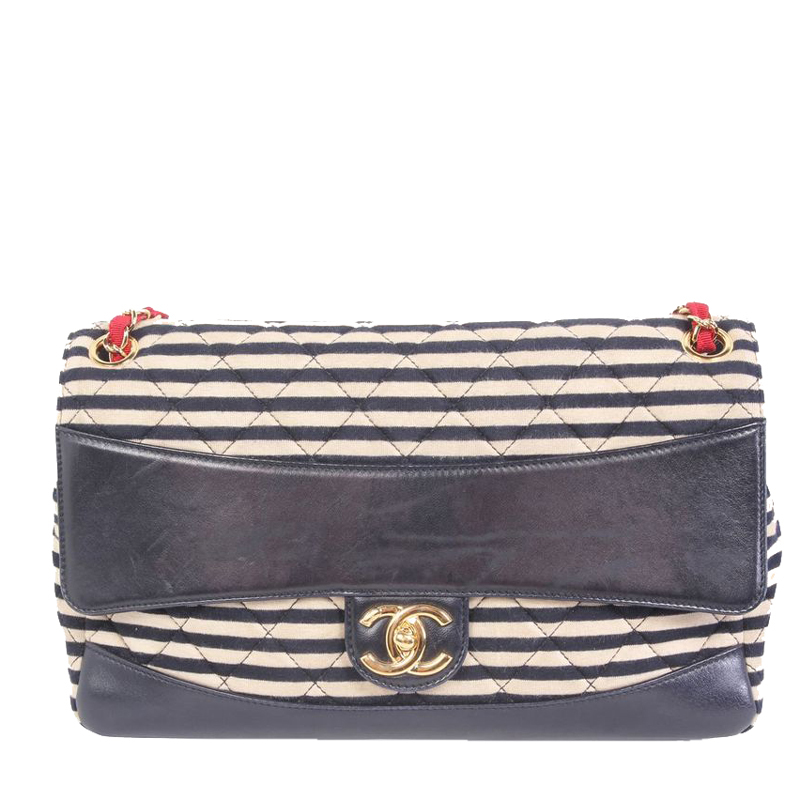 Preowned Chanel Blue Stripes Canvas And Leather Trimmed Jumbo Flap Bag
