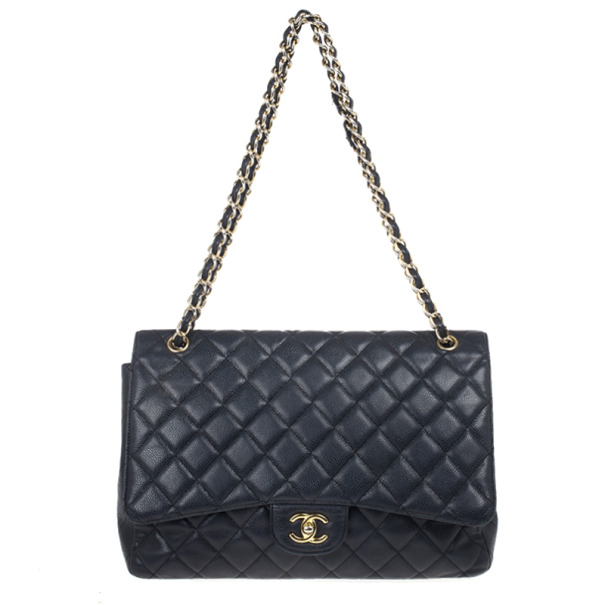 Pre Owned Chanel Black Caviar Jumbo Classic Flap Bag