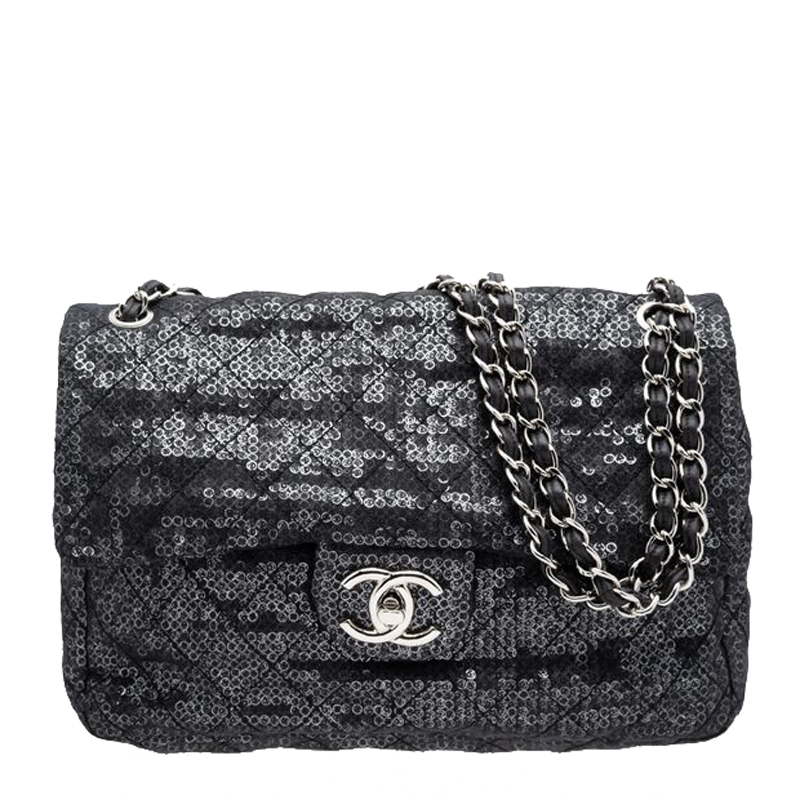 Pre Owned Chanel Black Sequins Mesh Jumbo Classic Flap Bag