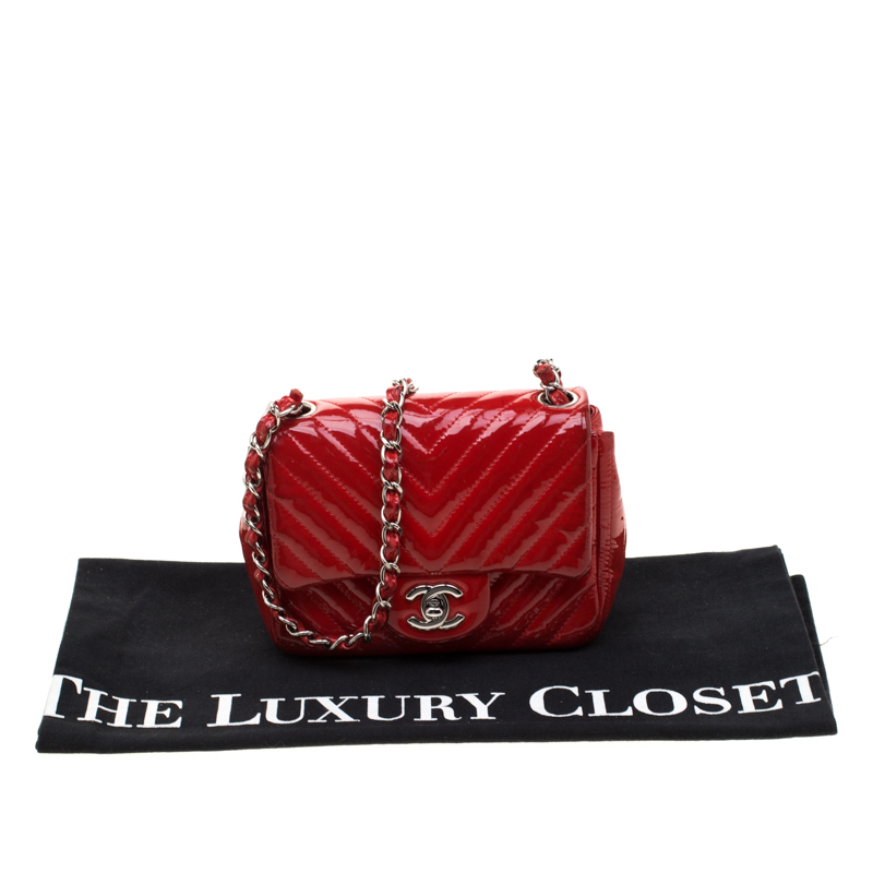 Chanel Red Quilted Patent Leather Mini Chevron Classic Flap Bag