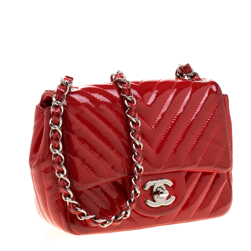 Chanel Red Quilted Patent Leather Mini Chevron Classic Flap Bag Chanel