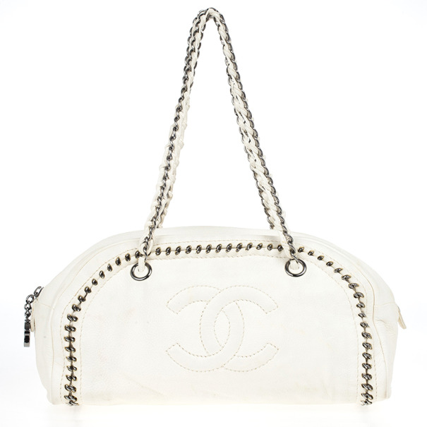 Chanel White Leather Chain Trim Luxe Ligne Bowler Boston Duffle Bag