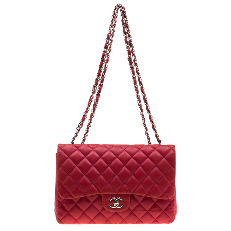 Pre Owned Chanel Red Quilted Leather Jumbo Classic Single Flap Bag
