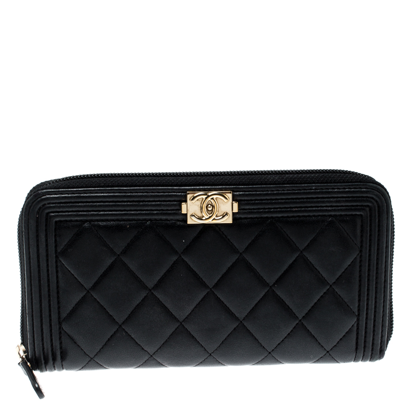 Chanel Black Quilted Leather Boy Zip Around Wallet