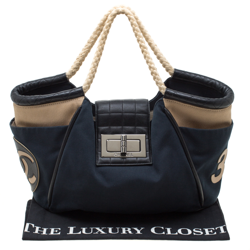 Chanel Dark Blue/Black Cruise Rope Canvas and Leather Cabas Tote Chanel