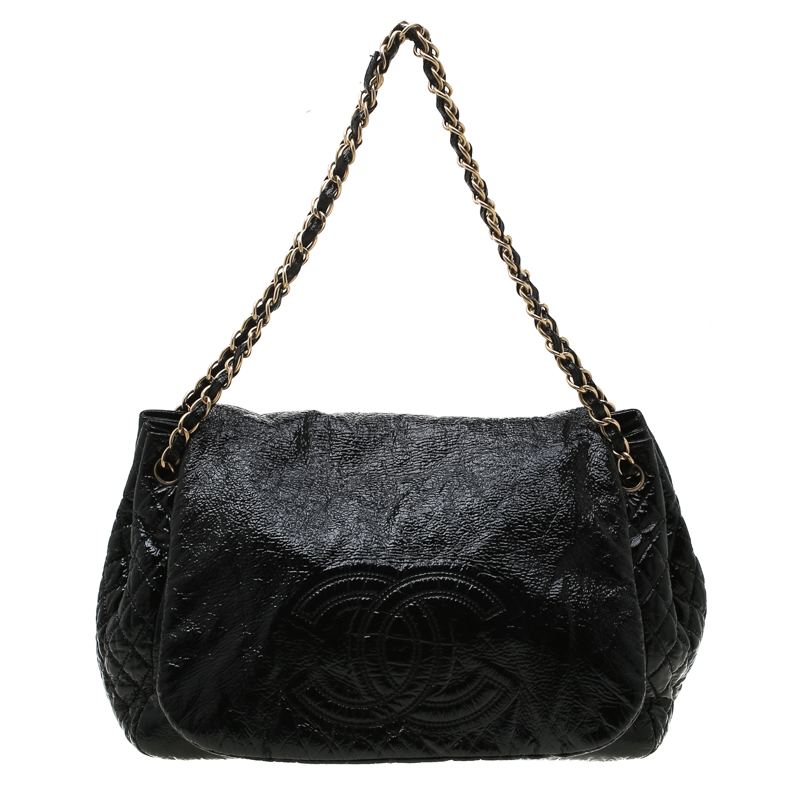 مملوكة مسبقًا حقيبة شانيل قلاب سلسلة وروك متوسطة جلد لامعة أسود