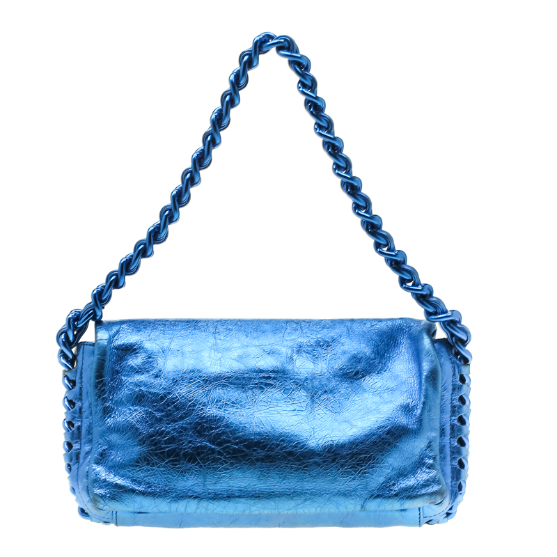 Chanel Blue Metallic Modern Chain E/W Tote Bag Leather Pony-style