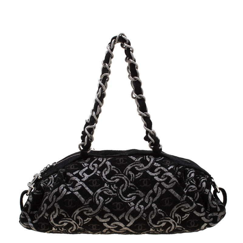 Pre Owned Chanel Black/Silver Fabric Bowler Bag