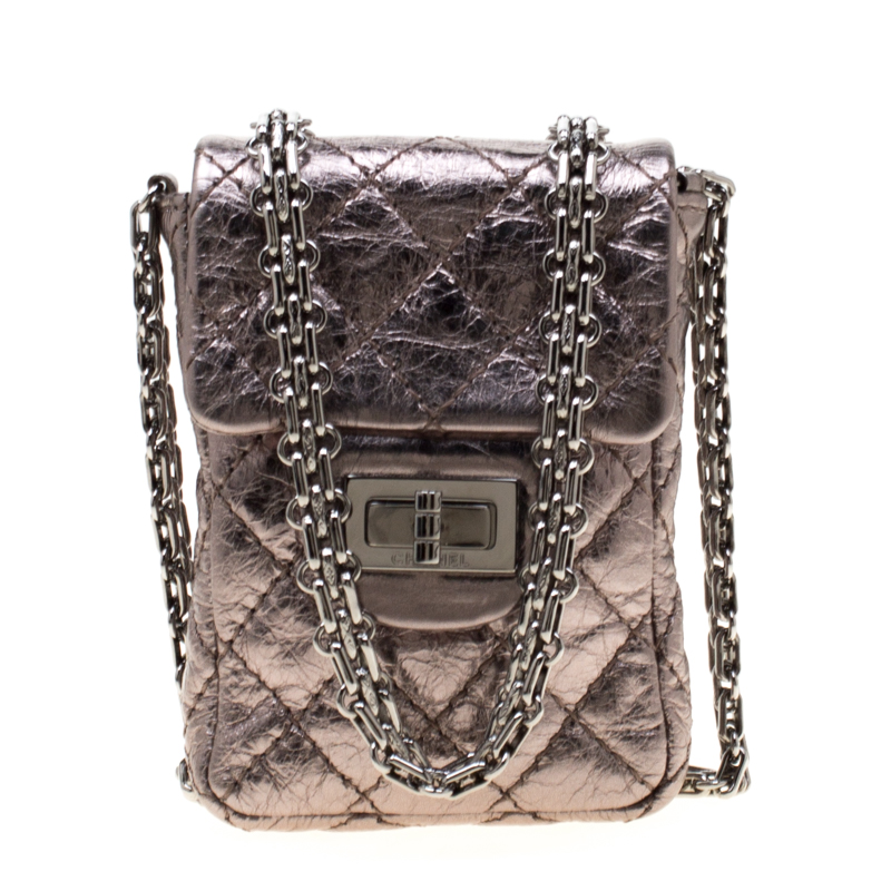 Pre Owned Chanel Grey Metallic Quilted Leather Reissue Phone Holder Crossbody Bag