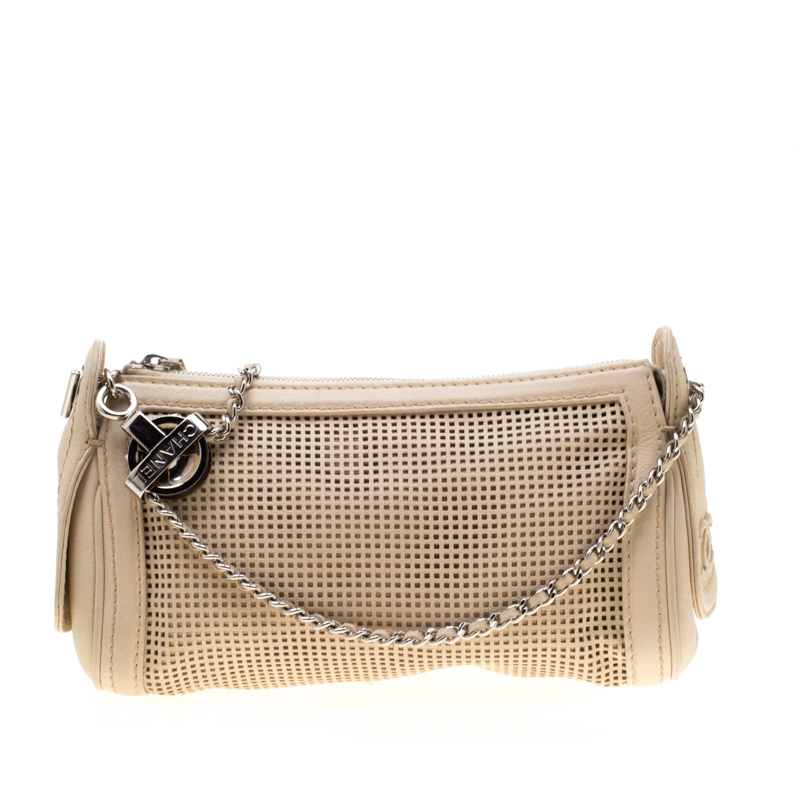 Chanel Beige Perforated Leather Chain Shoulder Bag