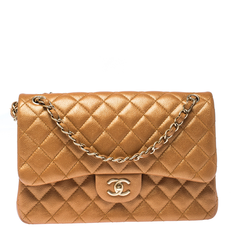 Chanel Gold Metallic Quilted Leather Jumbo Classic Double Flap Bag ...