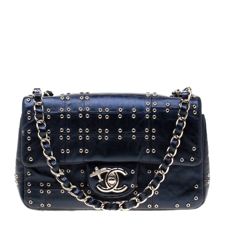 Chanel Navy Blue Studded Leather Mini Airline Single Flap Bag