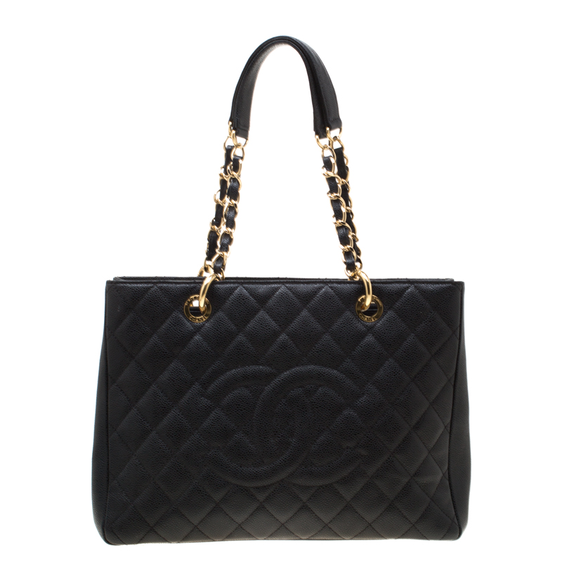 Pre Owned Chanel Black Quilted Caviar Leather Grand Shopper Tote