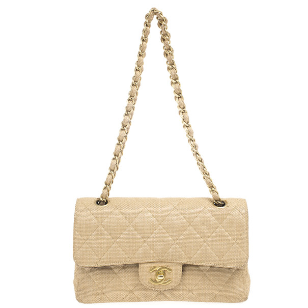 Chanel Beige Quilted Rafia Small Classic Double Flap Bag
