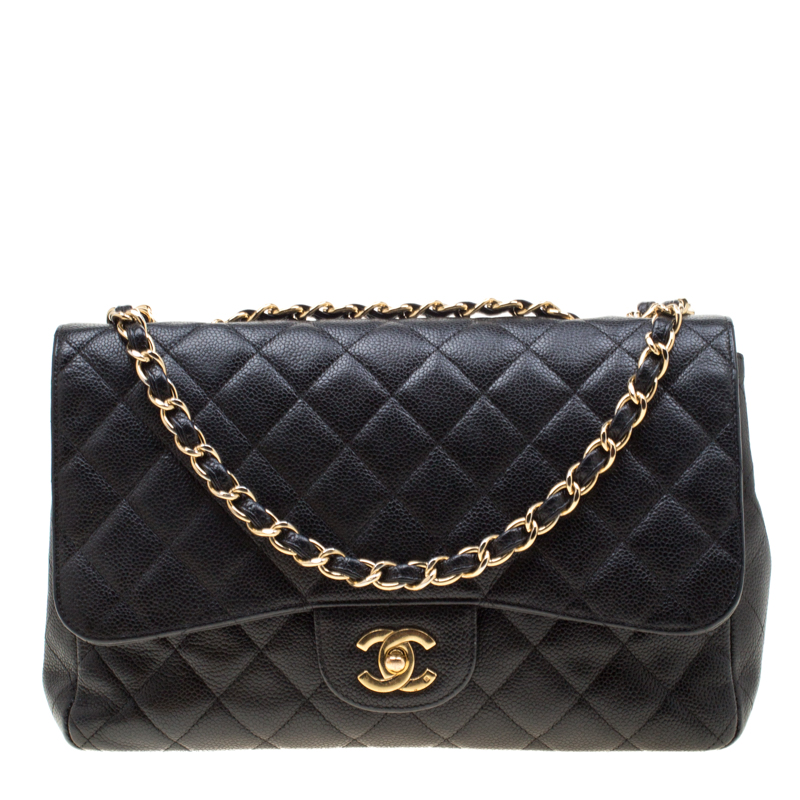 Pre Owned Chanel Black Quilted Leather Jumbo Classic Single Flap Bag