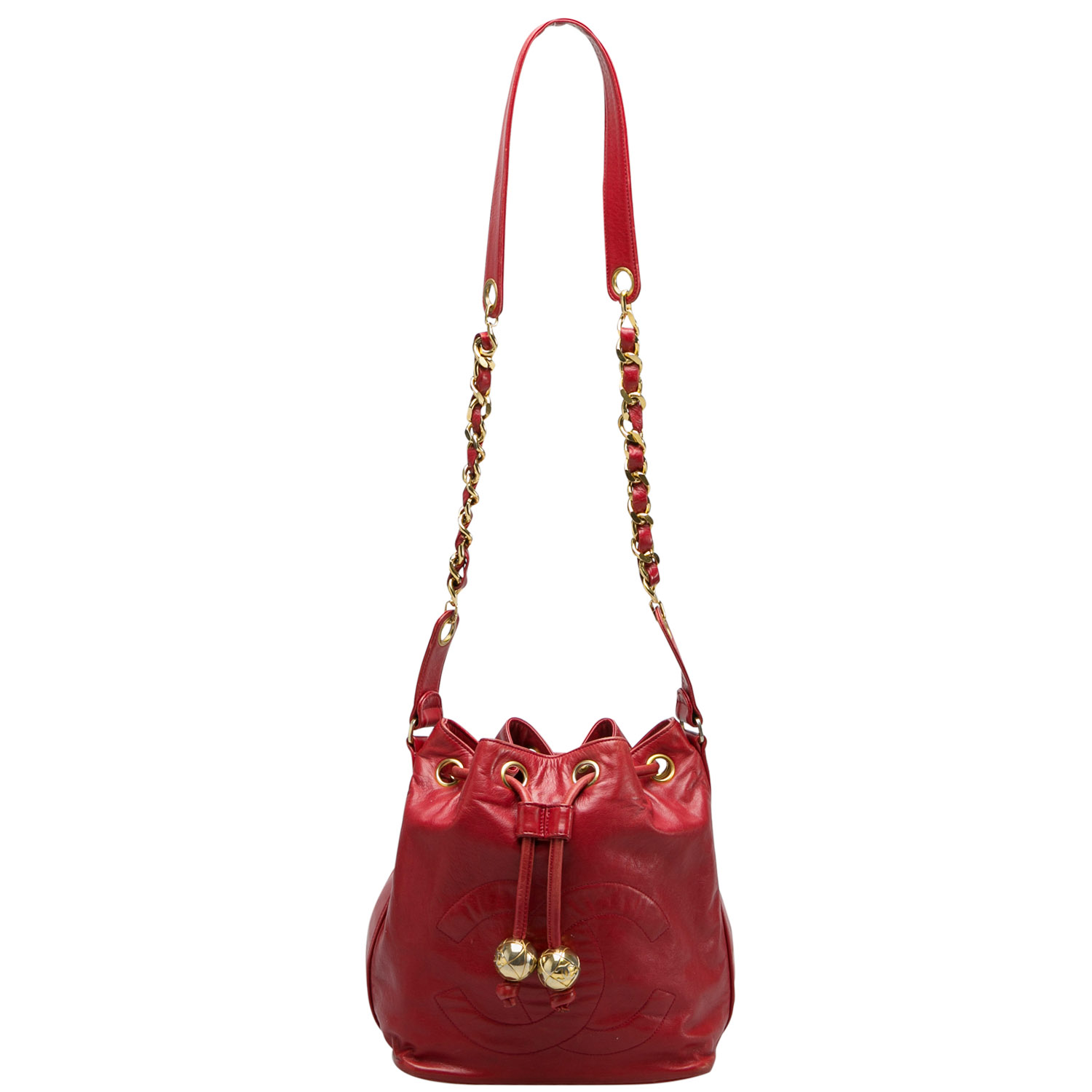 

Chanel Red Leather Vintage CC Drawstring Bucket Bag