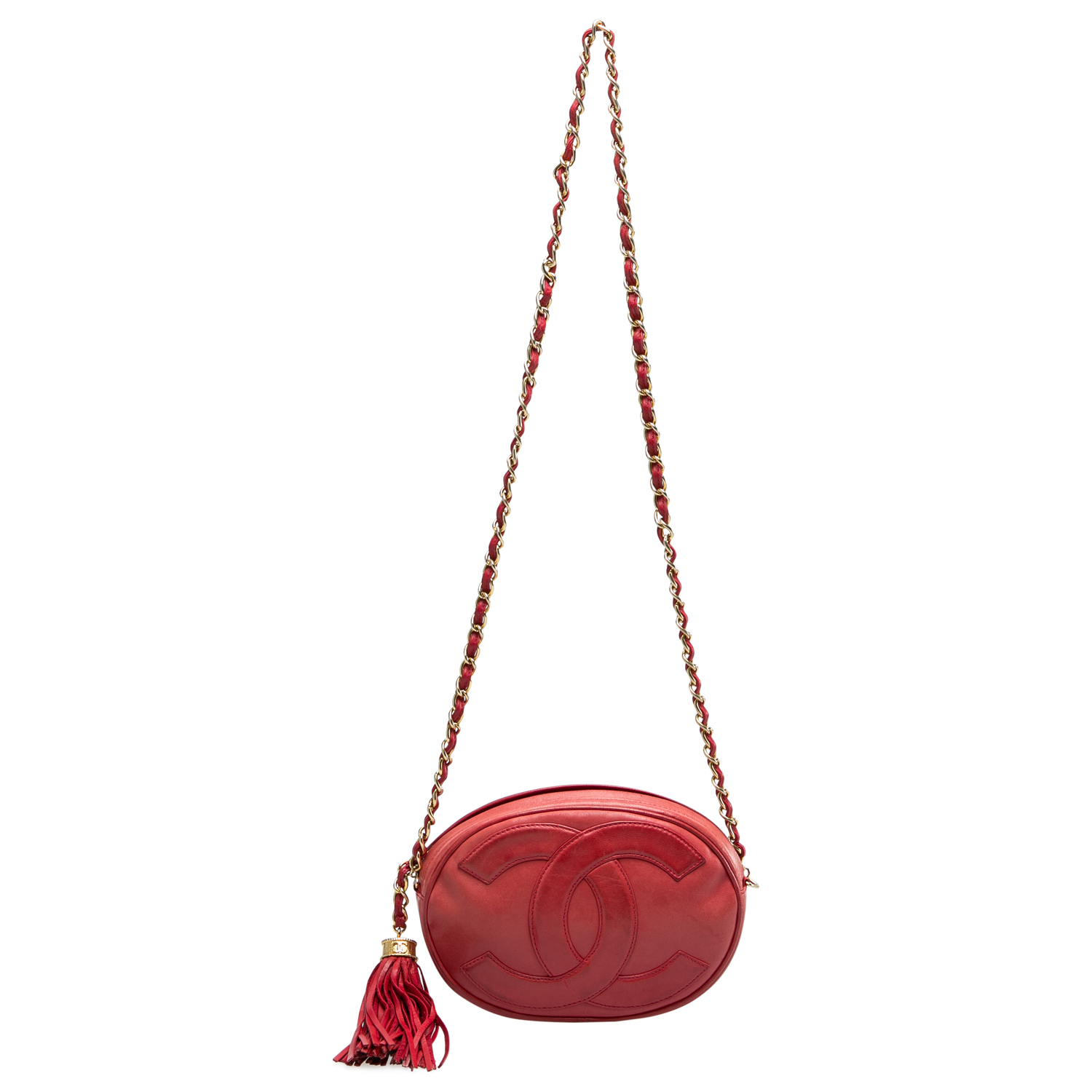 

Chanel Red Leather Mini Oval CC Tassel Crossbody Bag