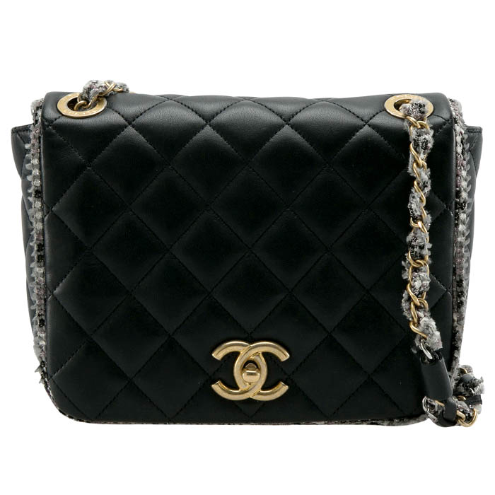 Pre Owned Chanel Black Leather and Tweed Trim CC Turnlock Flap Bag