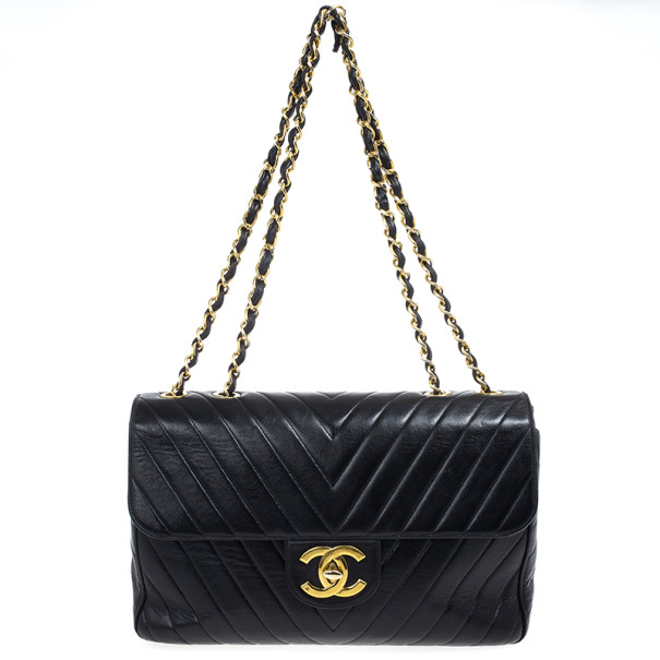 Pre Owned Chanel Black Chevron Lambskin Jumbo XL Classic Flap Bag