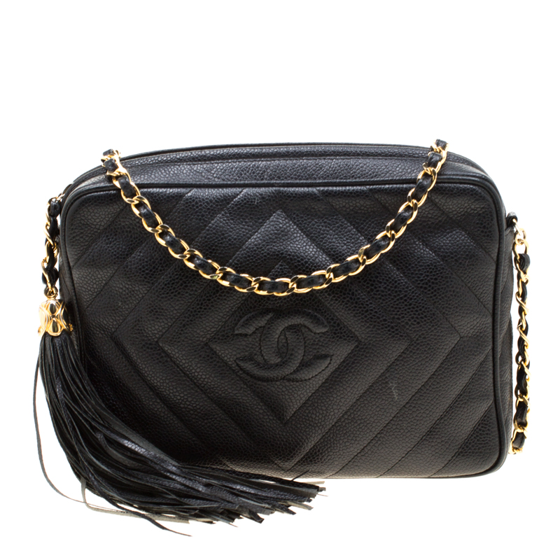 Chanel Black Chevron Leather Vintage Tassel Camera Shoulder Bag Chanel | TLC
