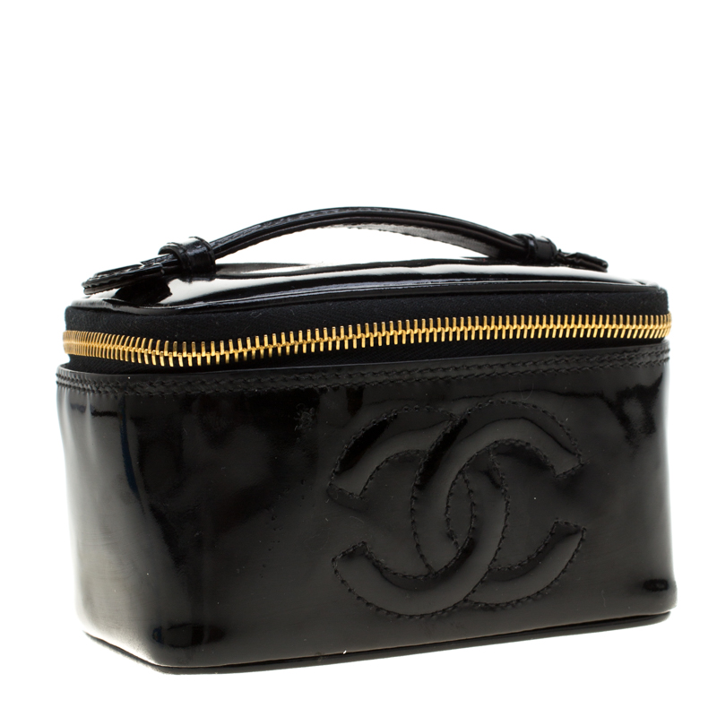 Chanel Black Patent Leather Vintage Vanity Cosmetic Bag