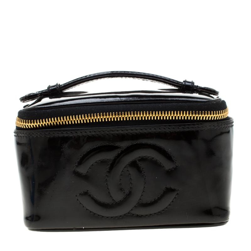 Pre Owned Chanel Black Patent Leather Vintage Vanity Cosmetic Bag