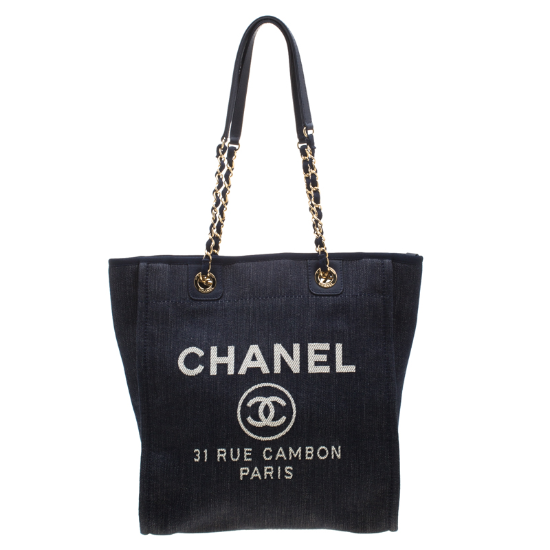 Pre Owned Chanel Blue Denim North South Deauville Chain Tote