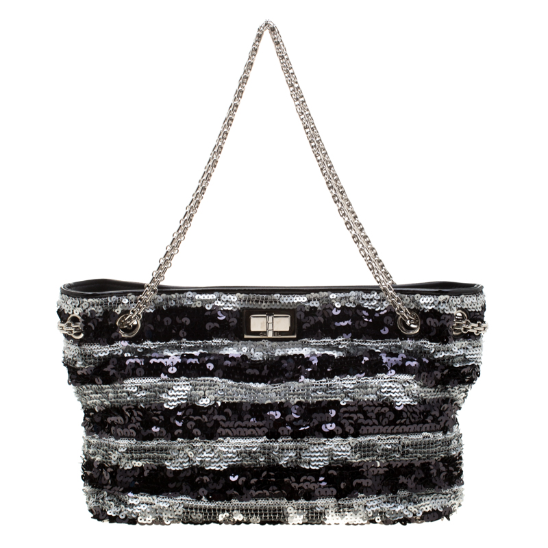 Pre Owned Chanel Black/Silver Stripe Sequins Reissue Shoulder Bag