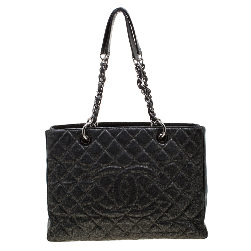 Chanel Metallic Grey Quilted Caviar Leather Grand Shopper Tote