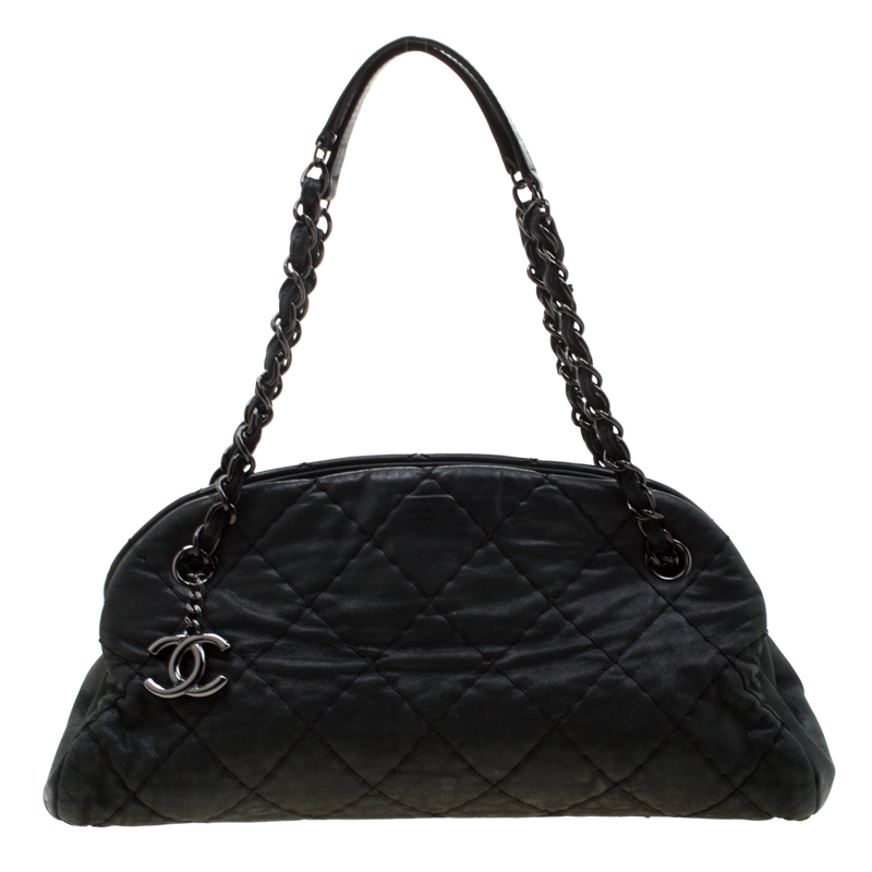 Pre Owned Chanel Black Quilted Iridescent Leather Medium Just Mademoiselle Bowler Bag