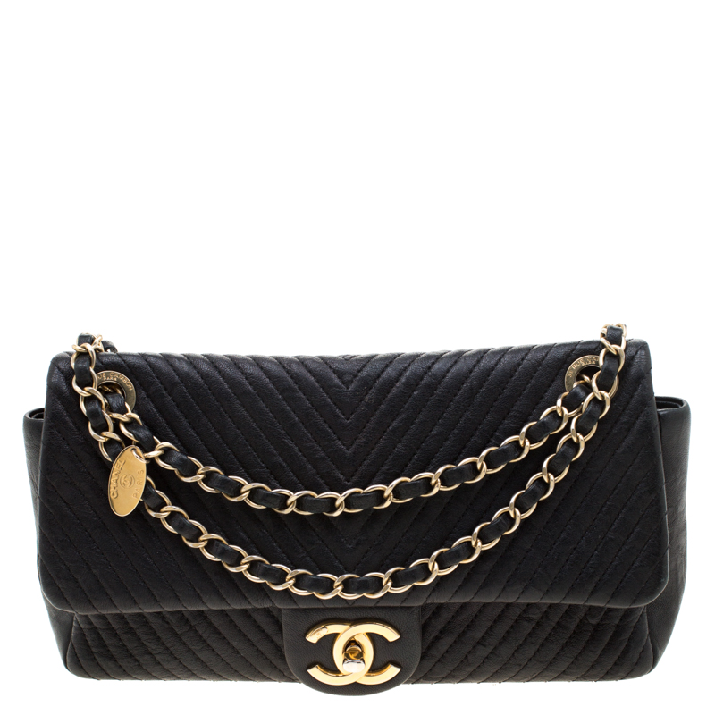 Pre Owned Chanel Black Chevron Leather Medium Flap Bag