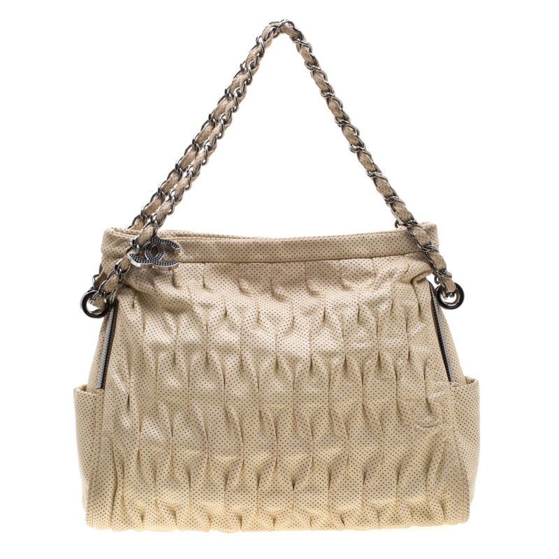 Pre Owned Chanel Cream Perforated Pleated Leather Chain Shoulder Bag