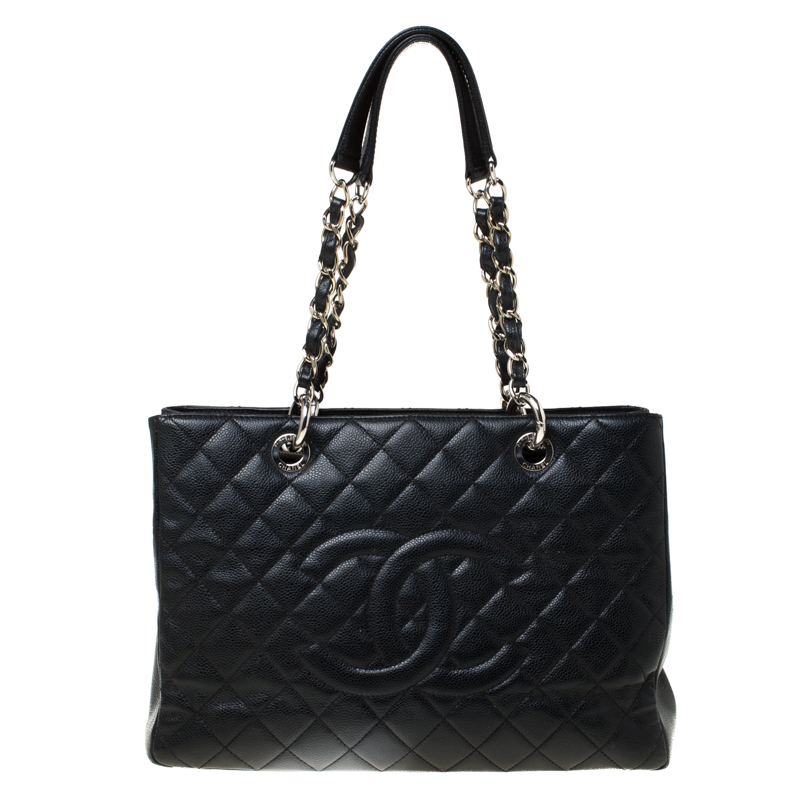 Pre Owned Chanel Black Quilted Caviar Leather Grand Shopper Tote