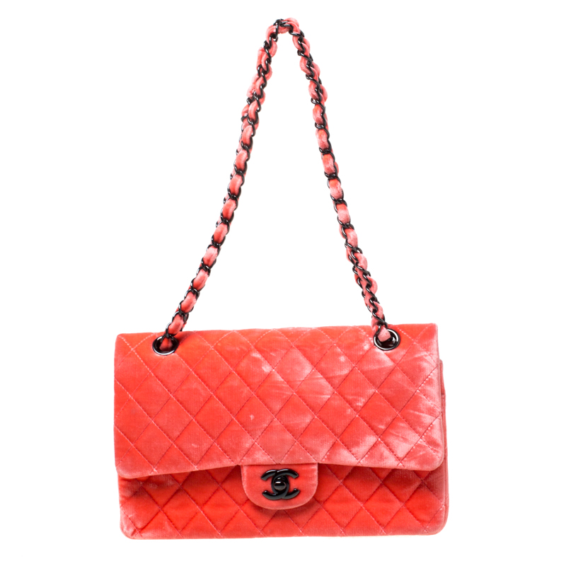 Pre Owned Chanel Coral Orange Quilted Velvet Medium Classic Double Flap Bag